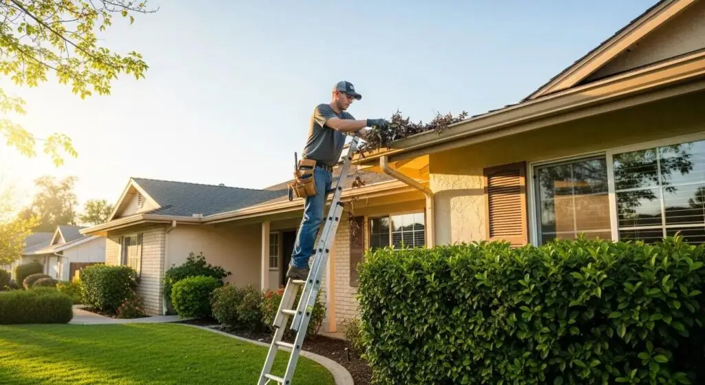 Technician cleaning gutters on a Clovis home — illustrating the value of regular gutter maintenance