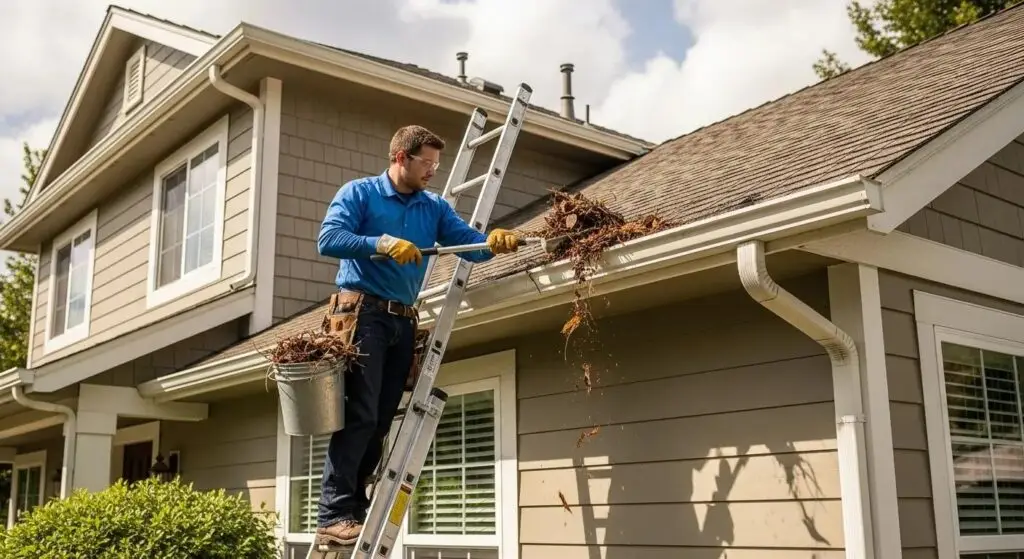 Skilled technician cleaning gutters on a residential property