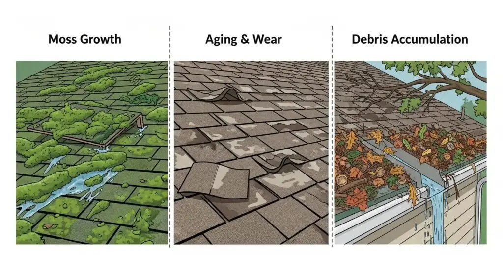 Illustration showing three roof issues: moss growth with water damage, aging shingles with wear, and debris accumulation in gutters, highlighting common factors leading to homeowner insurance non-renewal in California.