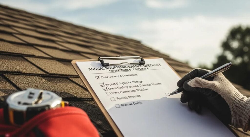 Annual roof maintenance checklist for insurance compliance, hand checking items on clipboard, tools and roof shingles visible, emphasizing proactive home maintenance.
