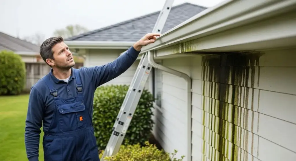 Man inspecting gutters for clogs and water damage, with visible streaks on siding indicating potential blockage, ladder in background.