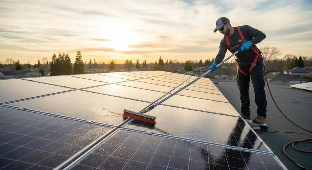 Technician cleaning rooftop solar panels in Clovis to help maximize energy output