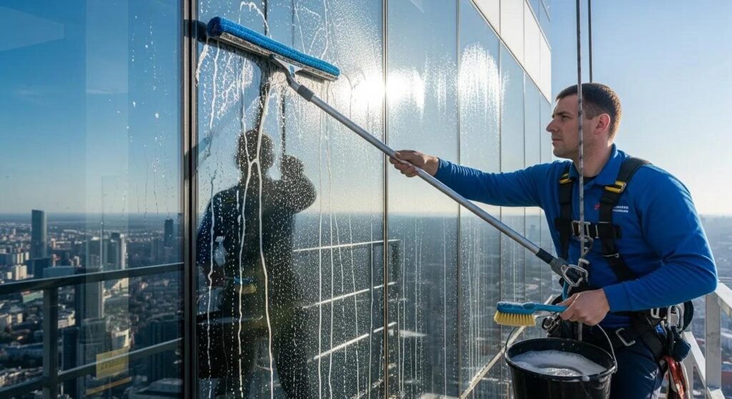 Technician using specialized tools for careful window and exterior cleaning