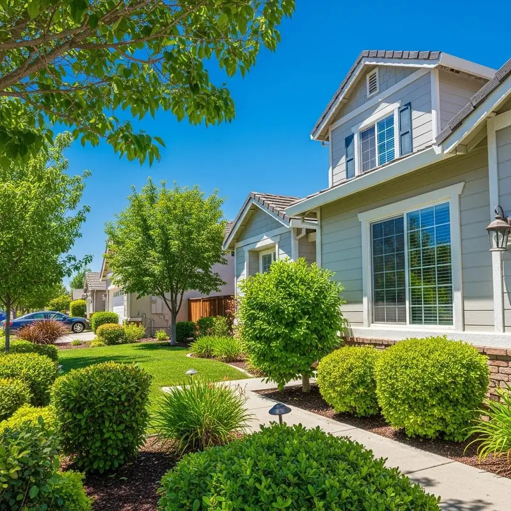 Well-cared-for Clovis home exterior with sparkling windows and tidy landscaping