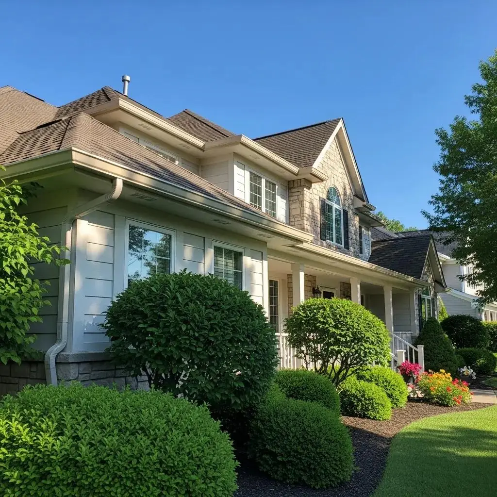 Well-kept home with clear gutters under a sunny sky