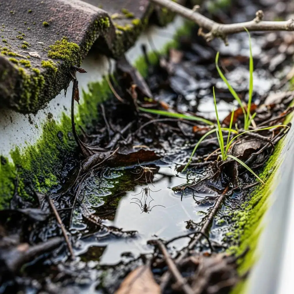 Clogged gutter with stagnant water, debris, and pests, highlighting health hazards and the need for regular cleaning to prevent mold, mildew, and pest infestations.