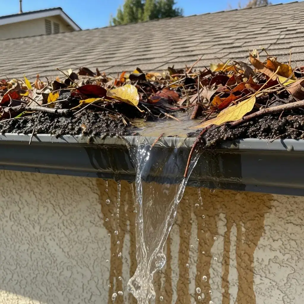 Leaves and debris filling a gutter, illustrating why regular gutter maintenance matters