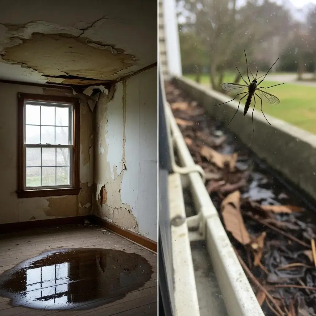 Interior water damage with stains on walls and ceiling, indicating leaks from clogged gutters; standing water on floor attracting pests like mosquitoes.