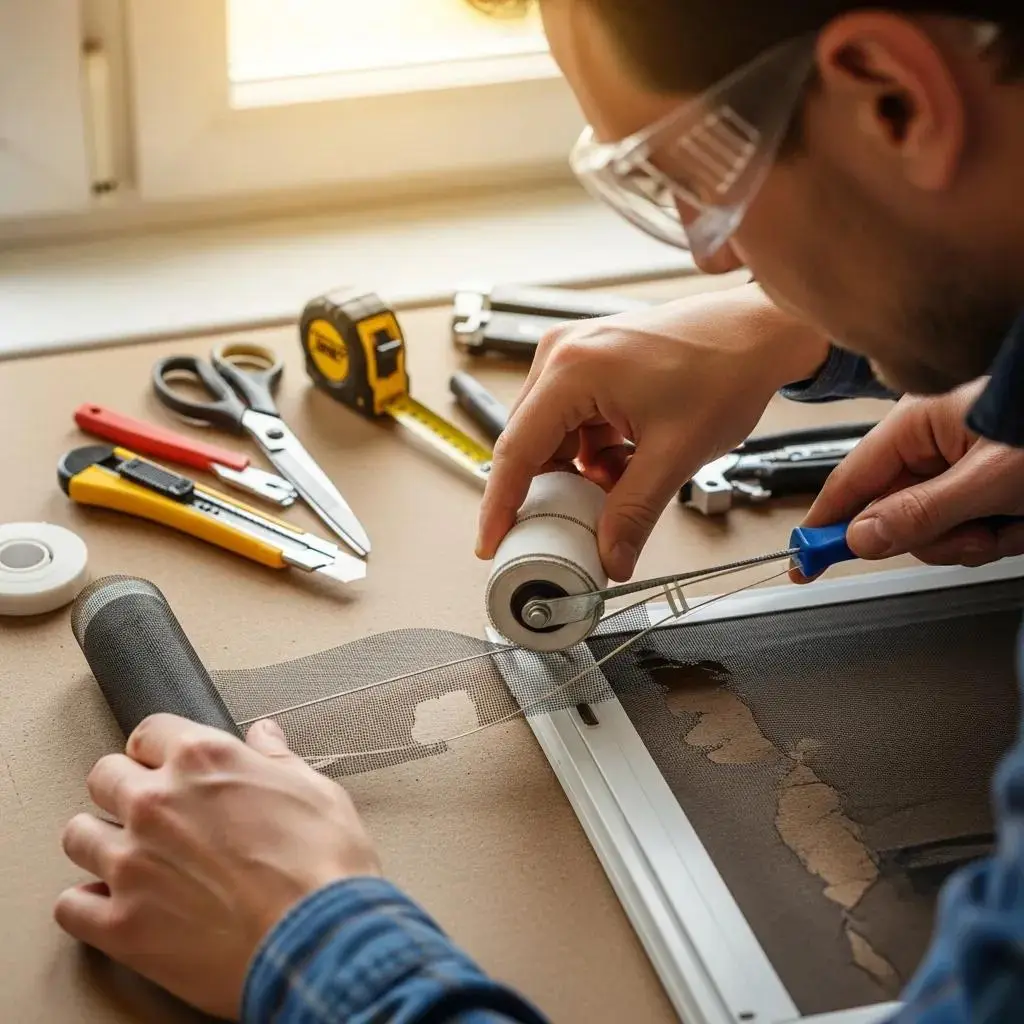 Technician repairing a torn window screen using professional techniques