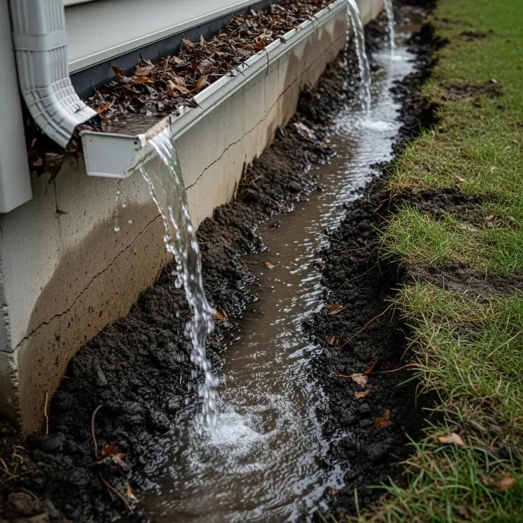Pooling water near a home's foundation caused by blocked gutters
