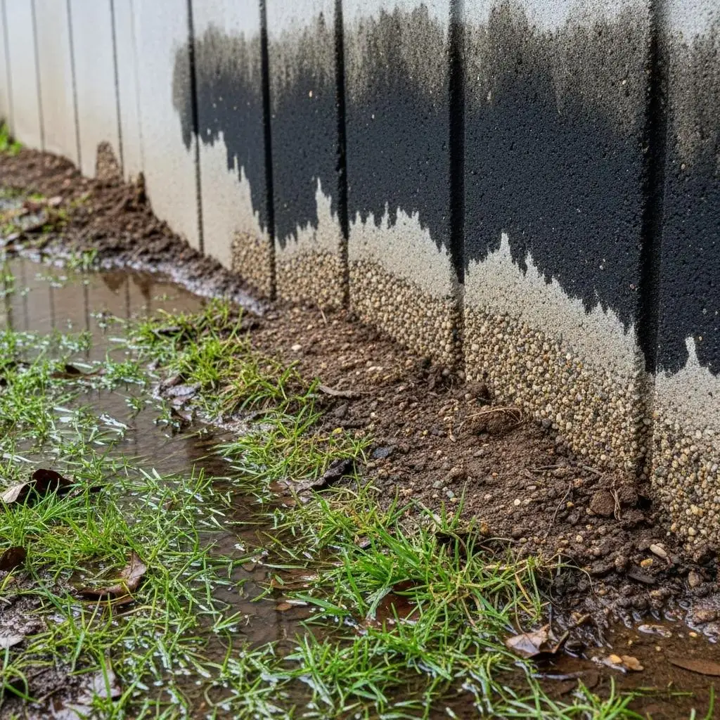 Water pooling around a home's foundation with visible staining on the wall, illustrating the risks of neglected gutters and potential foundation damage.